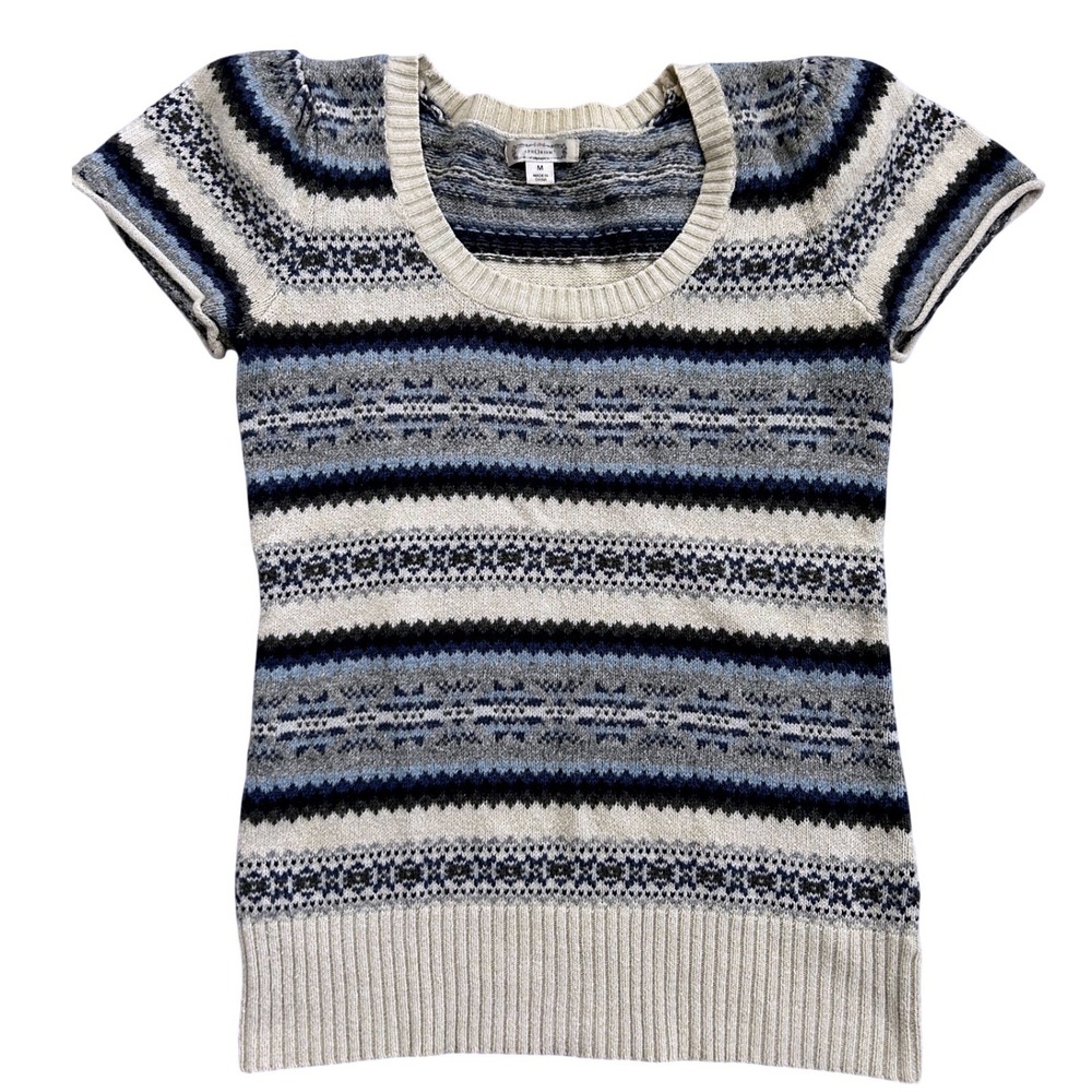 APHORISM Women's Sweater Knit Top Y2K Blue Grey Fair Isle Pattern Short Sleeve M